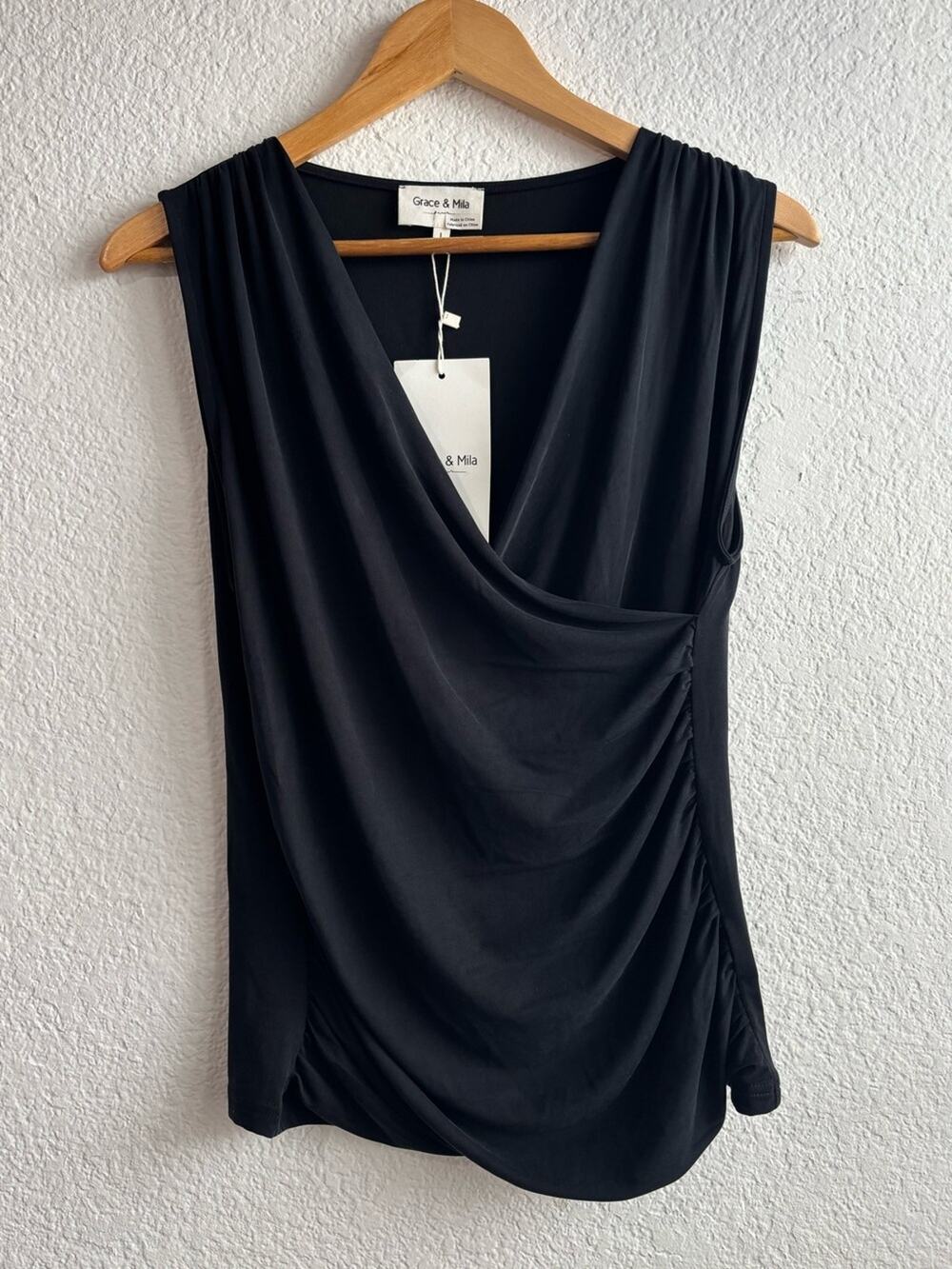 Grace & Mila Black Draped V-Neck Sleeveless Blouse New